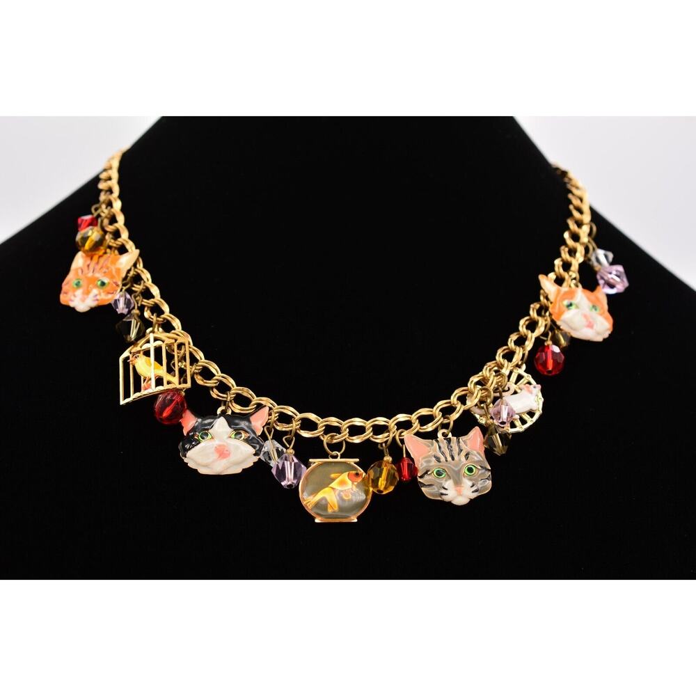 Lunch At The Ritz Cat Charm Necklace Bird Fish Gold Enamel LATR2GO Signed Bin2